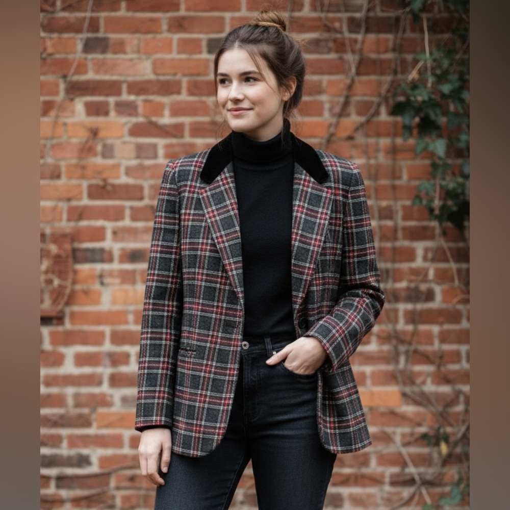 Sag Harbor Blazer Women 14 Red Tartan Plaid Button 90s Wool Blend Holiday Preppy